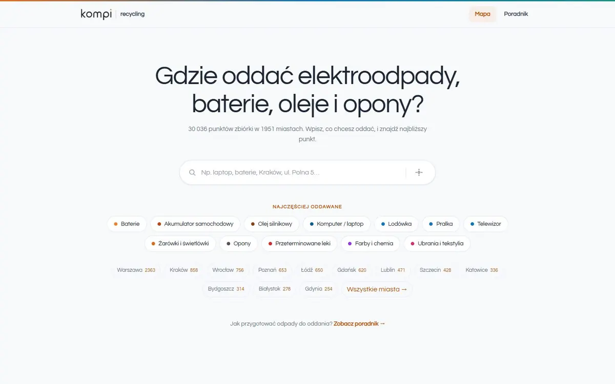 recycling.kompi.pl: the home page, where to hand in e-waste, batteries, oils and tyres.