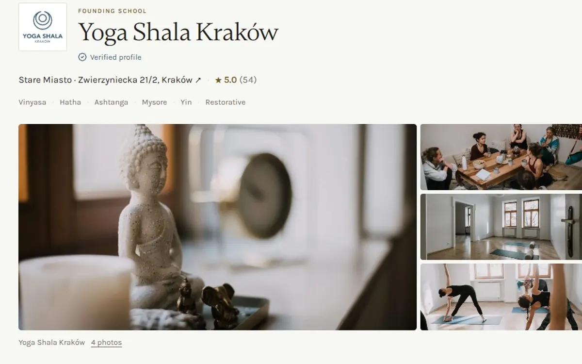 Szkoły Jogi: a detail of a studio profile, Yoga Shala Kraków, with photos, schedule and reviews.